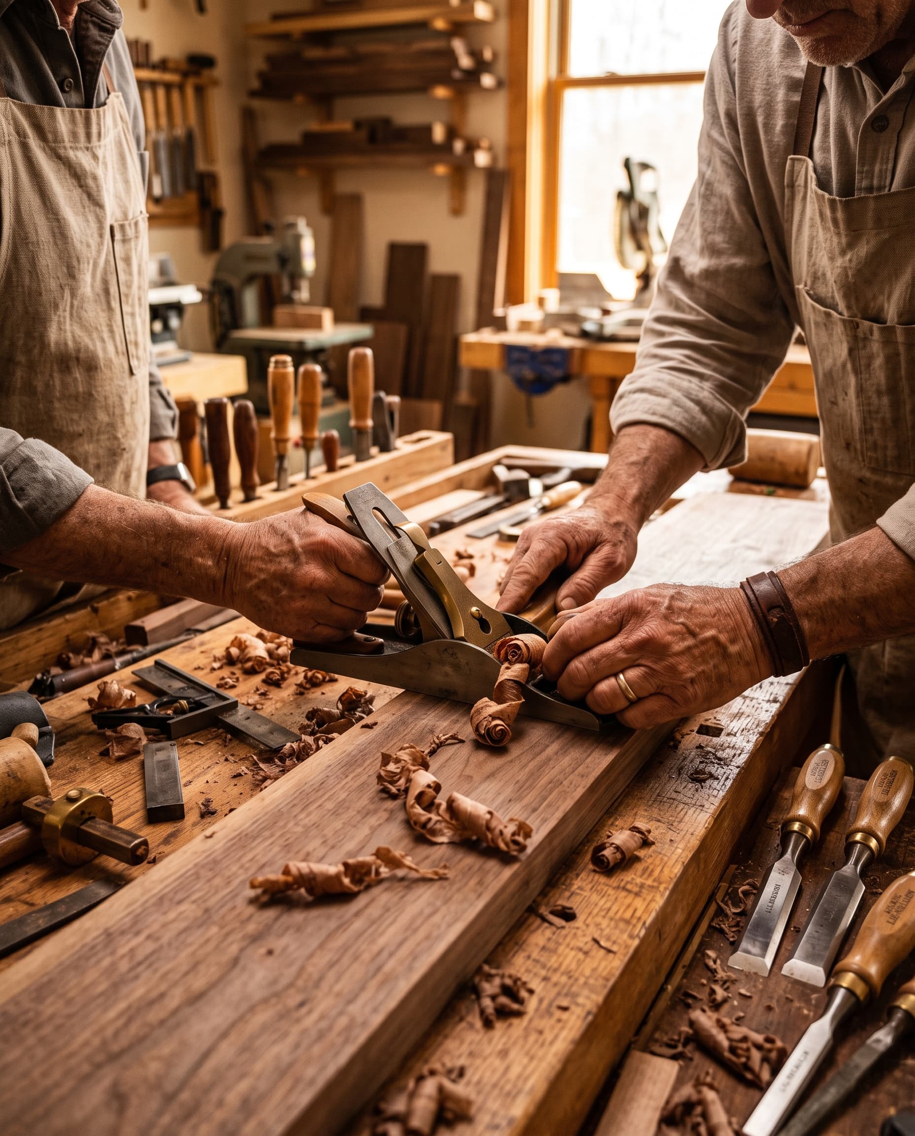 Maître ébéniste de l'Atelier Faber façonnant un meuble en bois massif noble